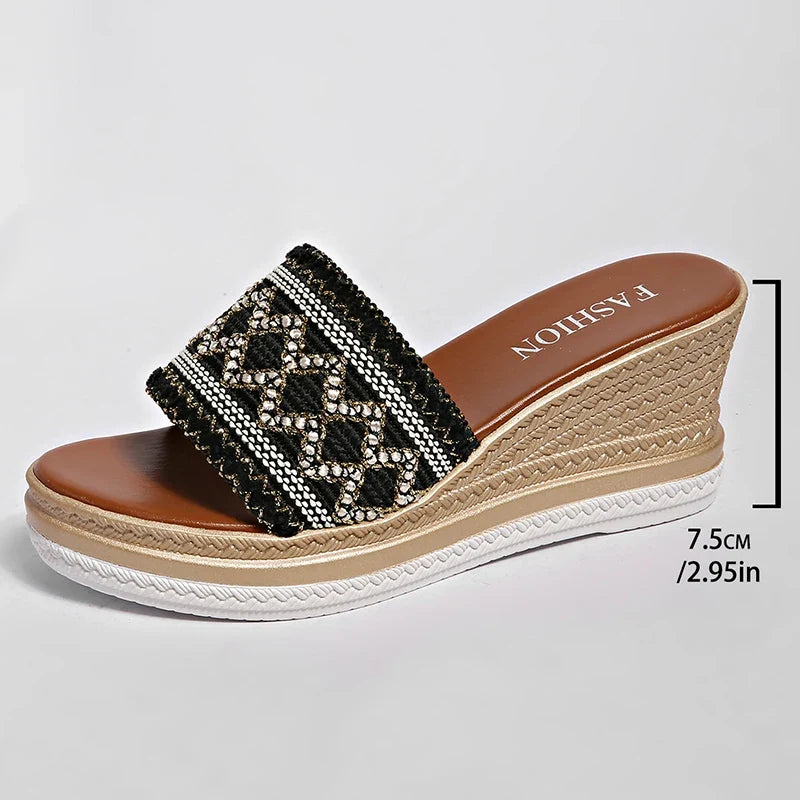 Bohemian Style Wedges Sandals for Women 2026 Summer High Heels Platform Slippers Woman Plus Size 43 Thick Sole Rome Sandals