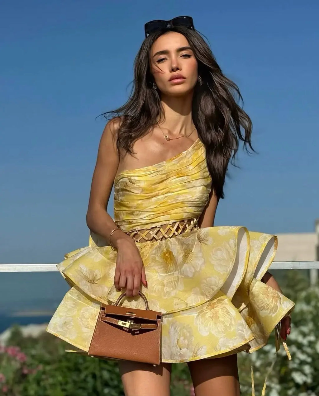 Women's Sexy One-Shoulder Waist-Cinching Dress Pure Desire Yellow Floral Print Ruffled Mini Dress Party Dress For Women NRR0