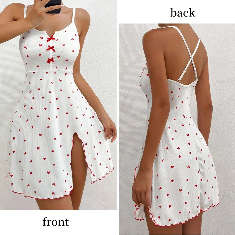 Summer Nightgown Women's Sleepwear Sexy V-Neck Heart Print Slit Front Dress Homewear Comfort Pajama Night Dress Nighties