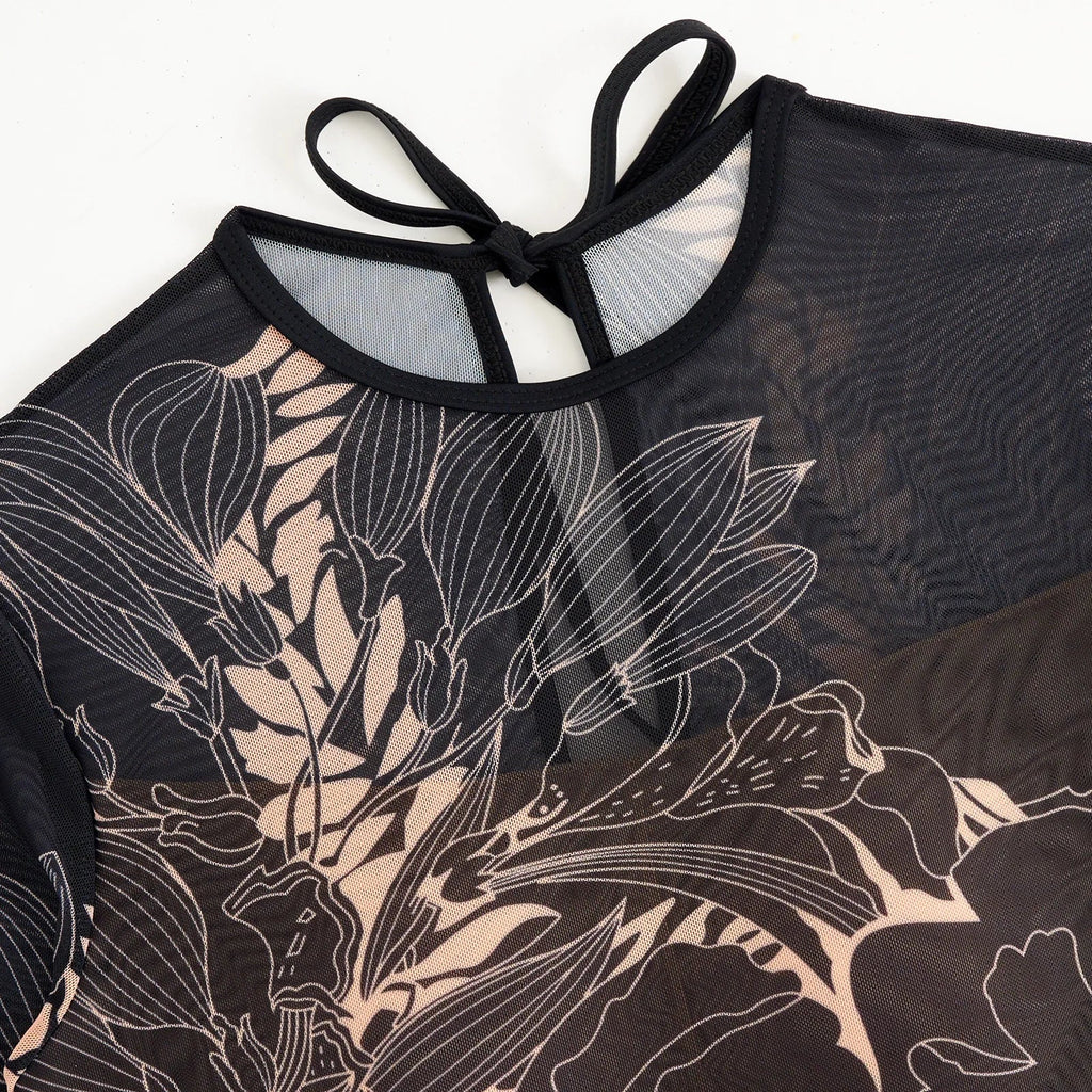 Vintage Black Floral Print One Piece Swimsuit Women Summer Long Sleeve Slim Fit Swimwear Skirt Set 2025 Holiday Bathing Suits