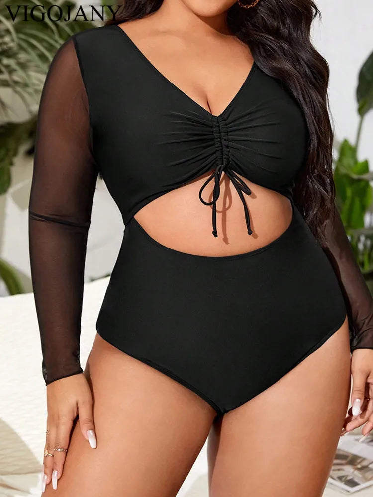VigoJany 2026 Sexy Black Long Sleeve Plus Size Swimwear Women Hollow Push Up One Piece Swimsuit Patchwork Backless Bathing Suit