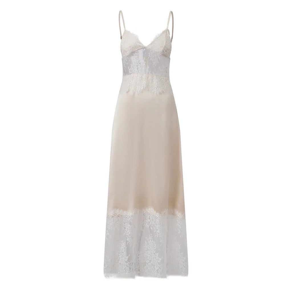 2026 Summer Women's Lace Patchwork Satin Dress Sleeveless Spaghetti Strap V Neck Long Dress Retro Sexy Elegant Dresses