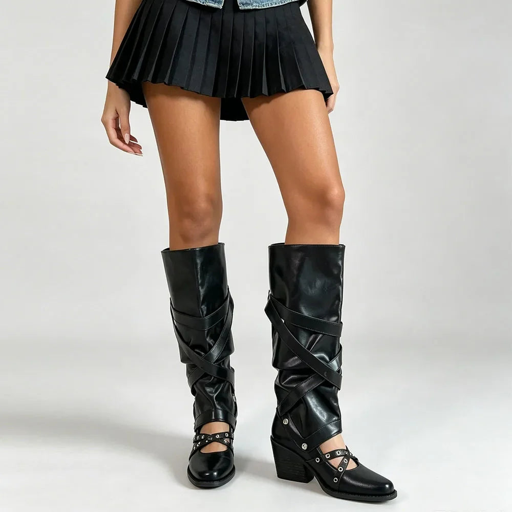 Vintage Y2k Slouchy Knee High Western Boots Women Chunky Block Heel Summer Cowboy Knee High Boots Motorcycle Boots Shoes