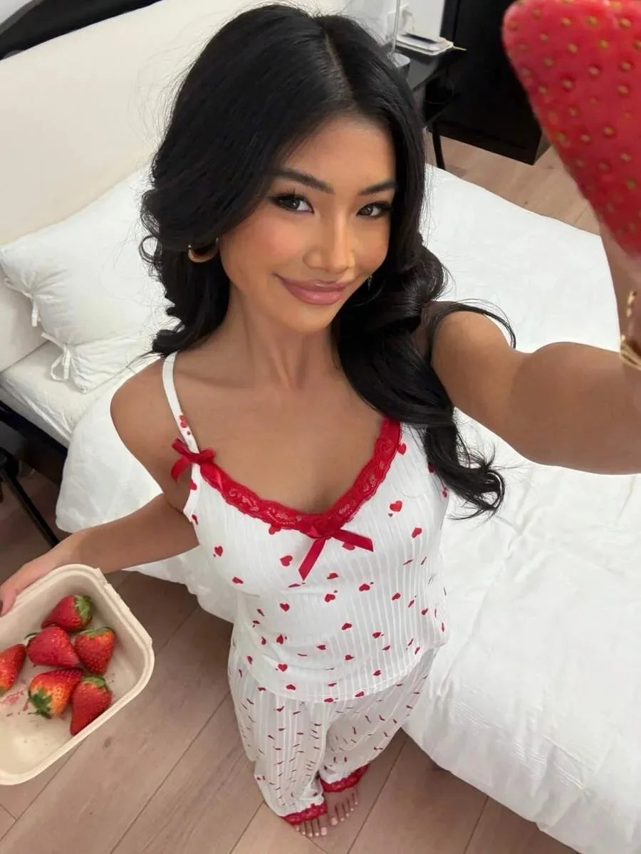 Sling Sexy Lingerie Pants Set Hot Selling Heart Printing Pajamas V Neck Top Trousers 2-piece Women's Summer Home Clothing Sets