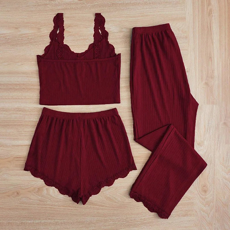 3PCS Pajamas Set for Women Sleepwear Solid Vest Shorts and Pants Paired with Lace Splicing for Homewear Loungewear
