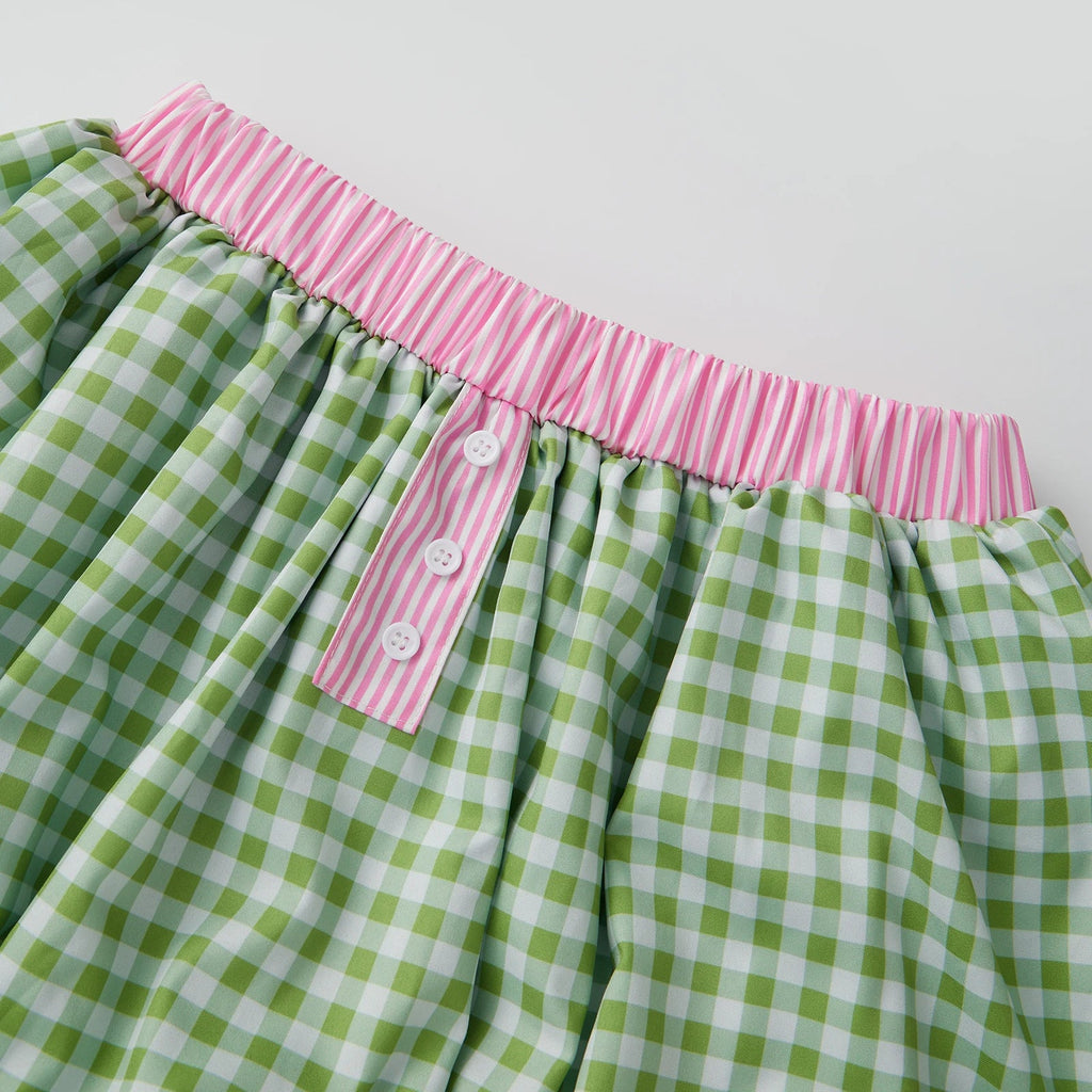 Women's Summer Mini Skirts Elastic Band Bubble Plaid Print Skirt for Daily, Travel, Parties