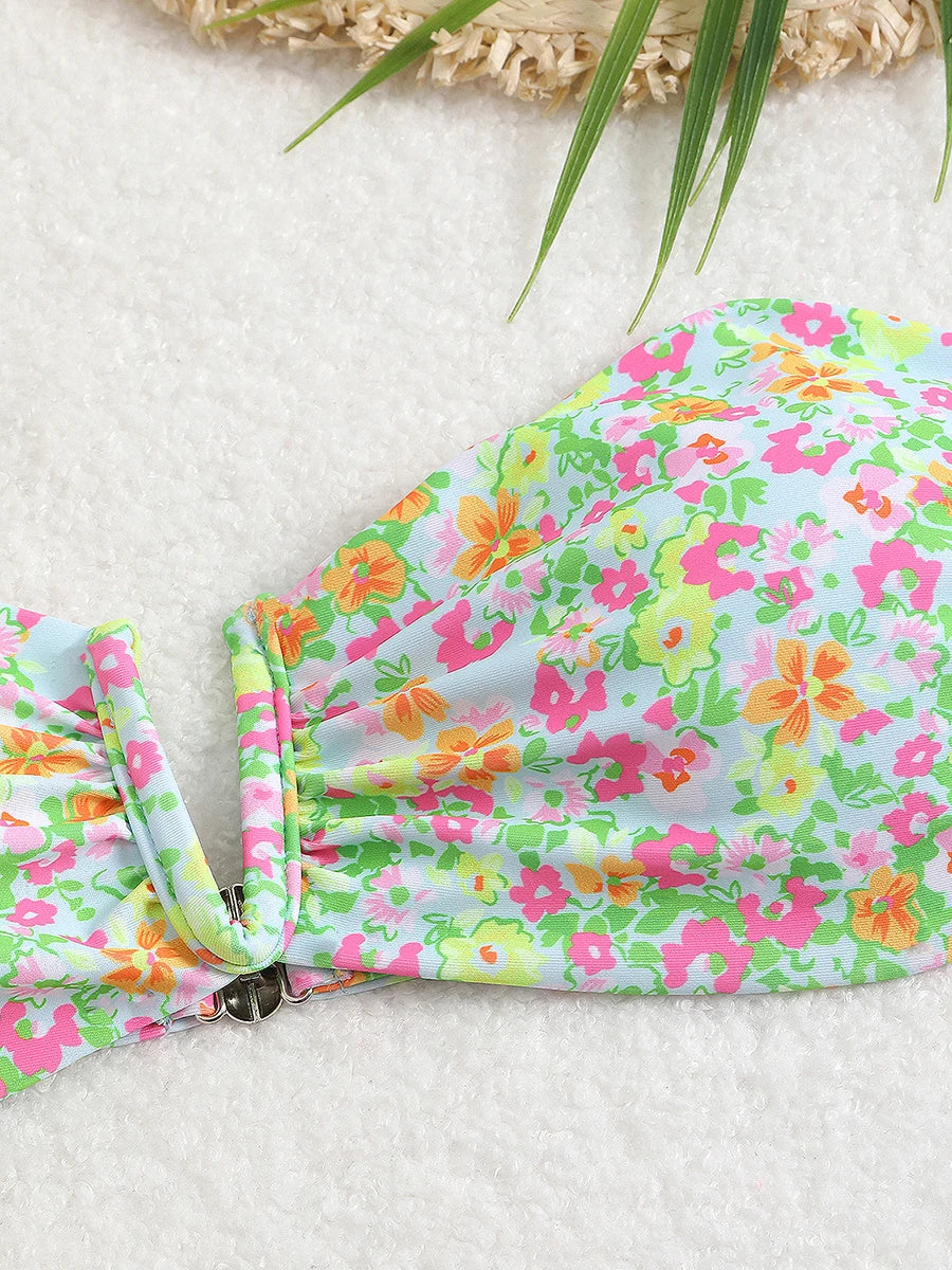 Floral Bandeau Thong Bikini 2025 Sexy Swimsuit Women Brazilian Swimwear Female Bathers Bathing Swimming Swim Suit Beachwear