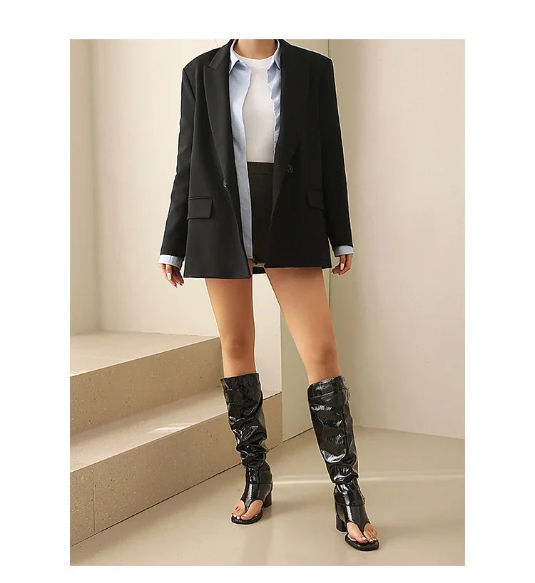 Plus Size Women Open Toe Thong Knee High Boots Metal Buckle Ruched Mid Block Heel Tall Sandal Boots Fashion Streetwear Long Boot