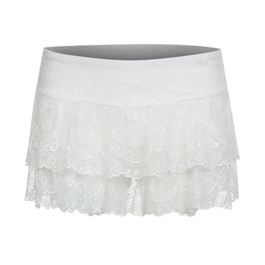 Y2k Women Lace Mini Skirt Ruffle Low Waist Double Layer Short A Line Skirts Fairycore Layered Korean Summer Skirts Streetwear