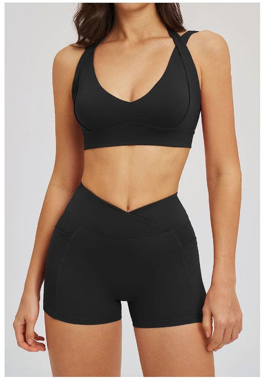 Women' Sports High Waist Shorts Set Fitness Cycling Elastic Sports Pants Yoga Bra Set Gym Sportswear Workout Set Athletic