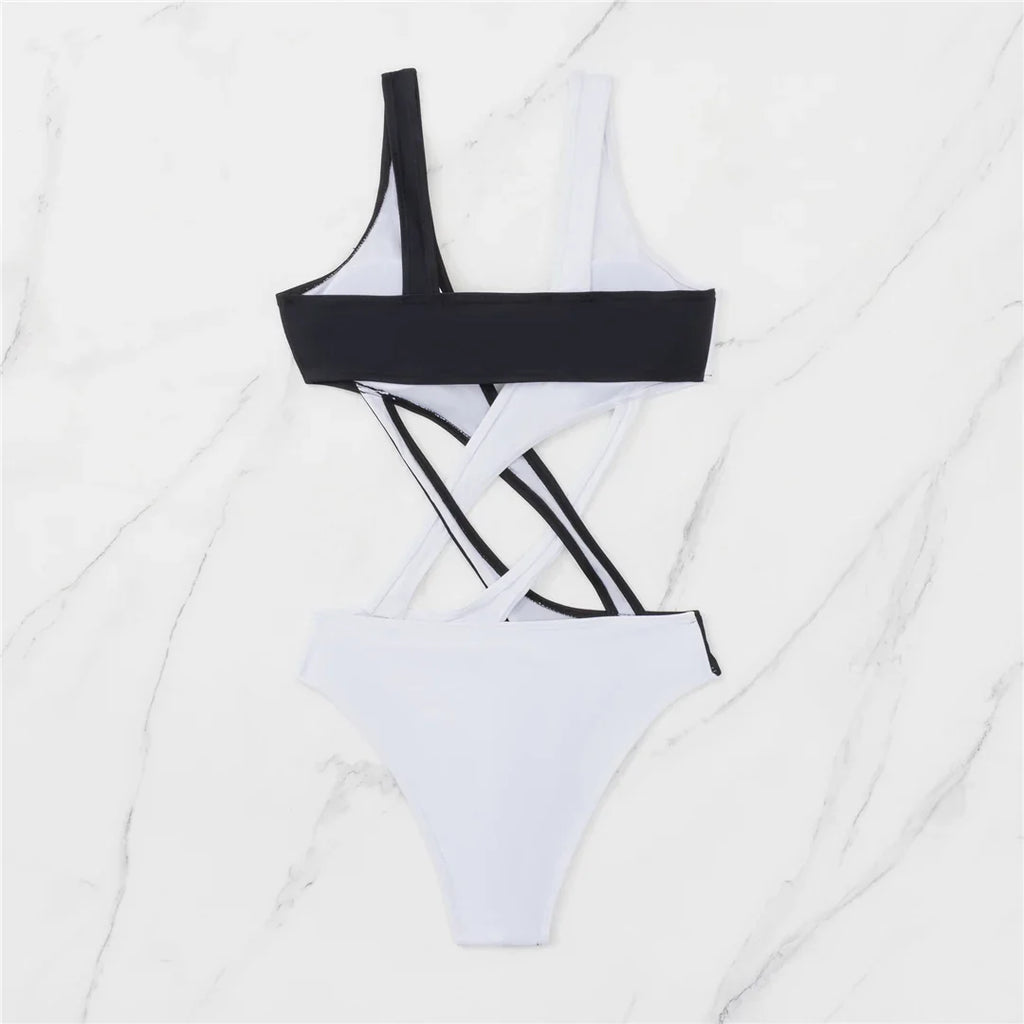 S - XL Splicing V Neck High Leg Cut Women Swimwear One Piece Swimsuit Female Monokini Padded Bather Bathing Suit Swim V5095SW