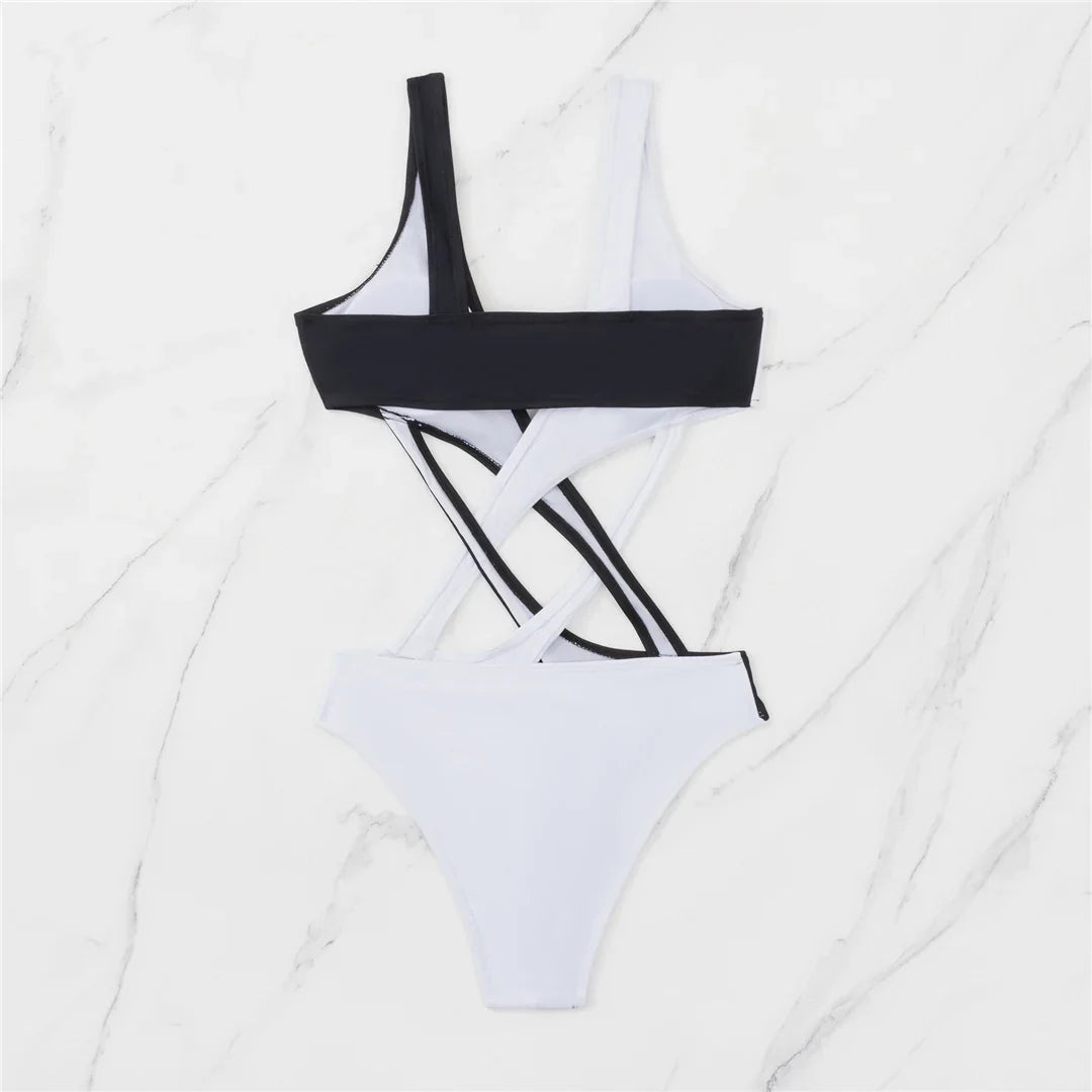 S - XL Splicing V Neck High Leg Cut Women Swimwear One Piece Swimsuit Female Monokini Padded Bather Bathing Suit Swim V5095SW