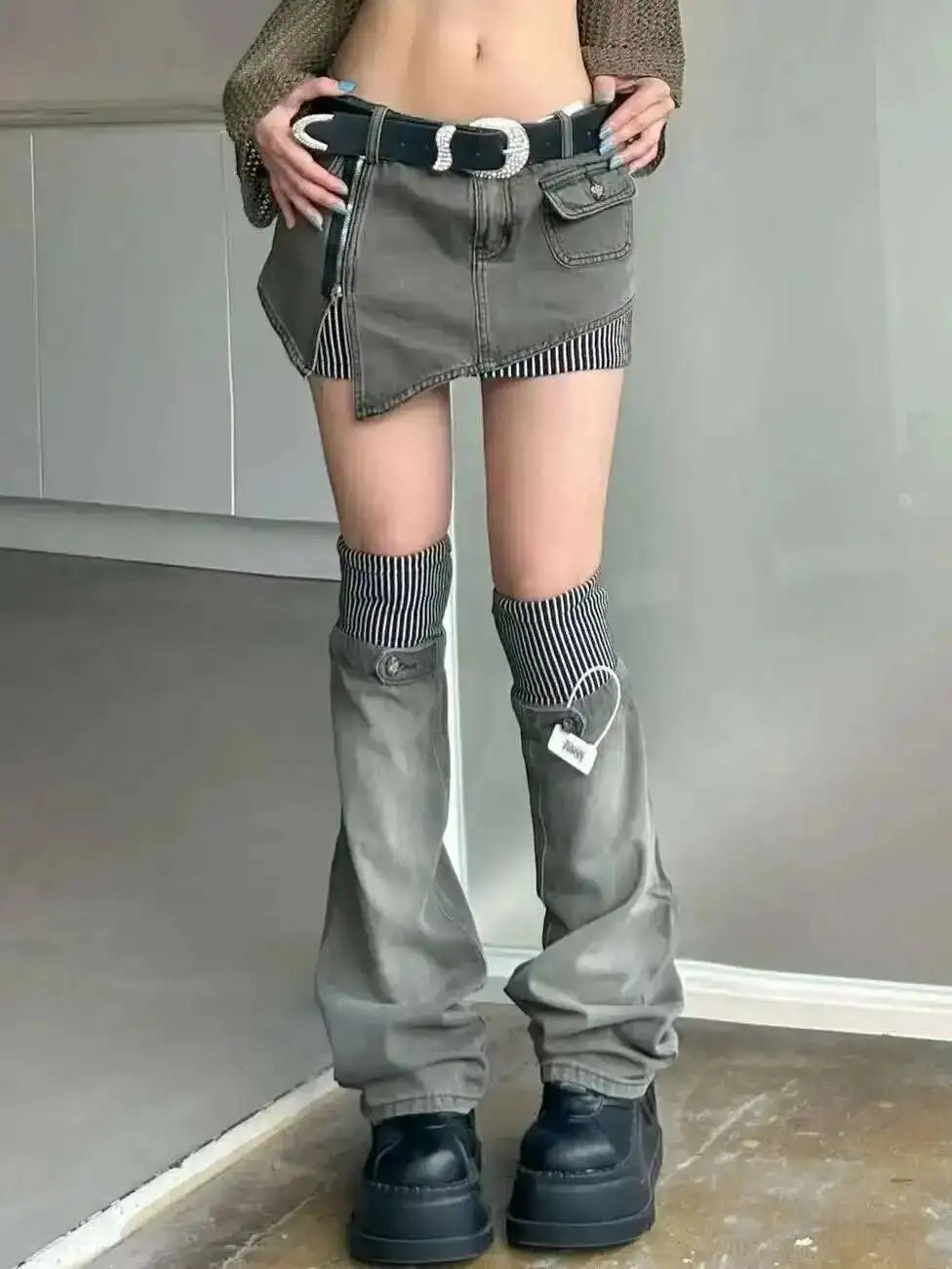American Retro Patterned Patchwork Denim Suit Half Skirt Women Y2K Irregular Short Skirt Leg Cover Two-piece Set For Wearing N8J