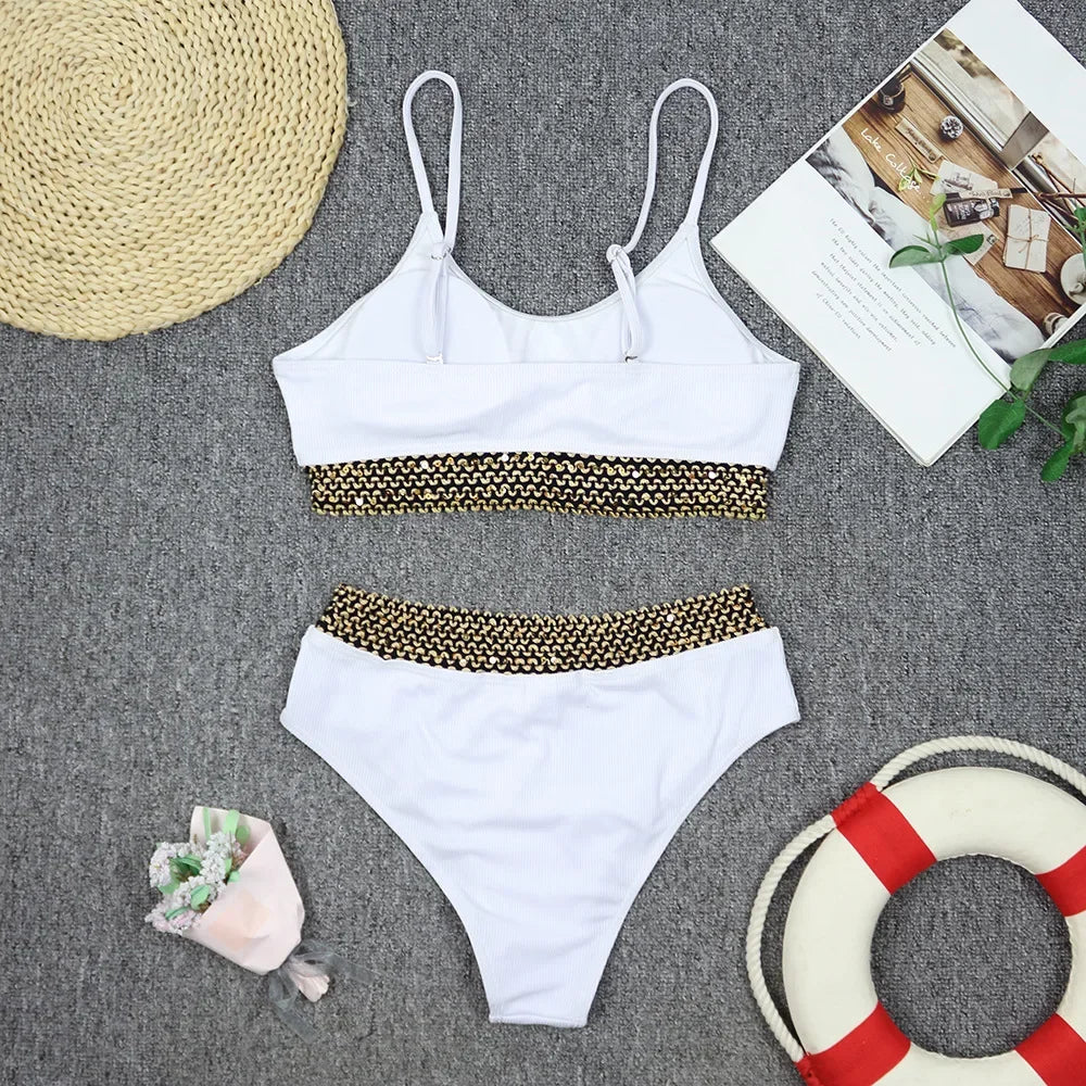 Bikini 2026 Sexy Swimwear Swimsuit Women Pit Striped Gold Wavy Edge Patchwork High Waist Bikinis Set Bathing Suit Beach Bikini