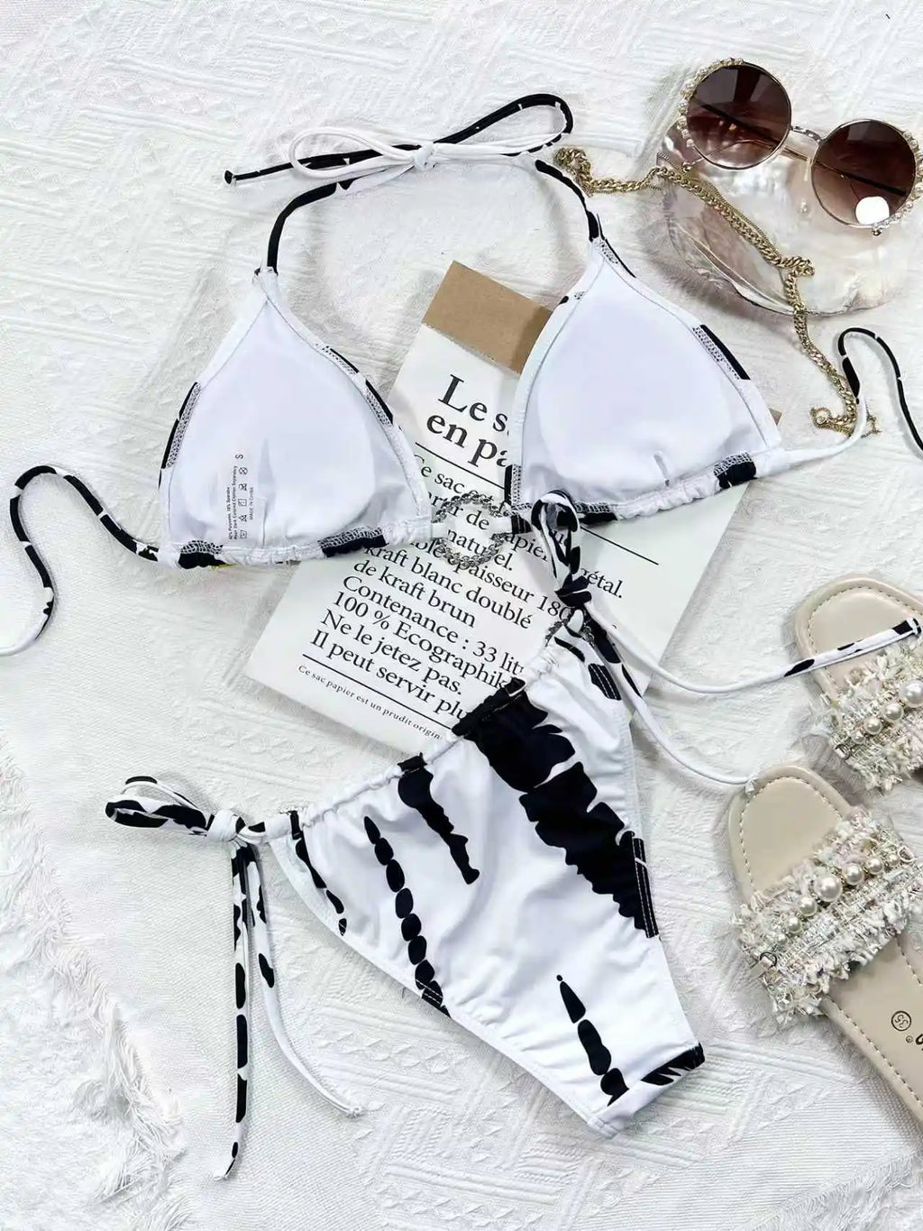 New Bikini Sexy Swimwear Swimsuit Women Rhinestones Rings Triangle Halter Backless Knotted Bikinis Set Bathing Suit Beach Bikini