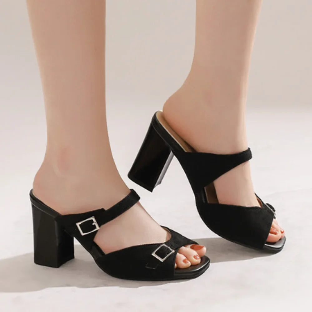 Fashion Leopard Print Square Heel Slippers Summer New Square Toe Metal Buckle Non-slip Wear-resistant Kitten Heel Shoes