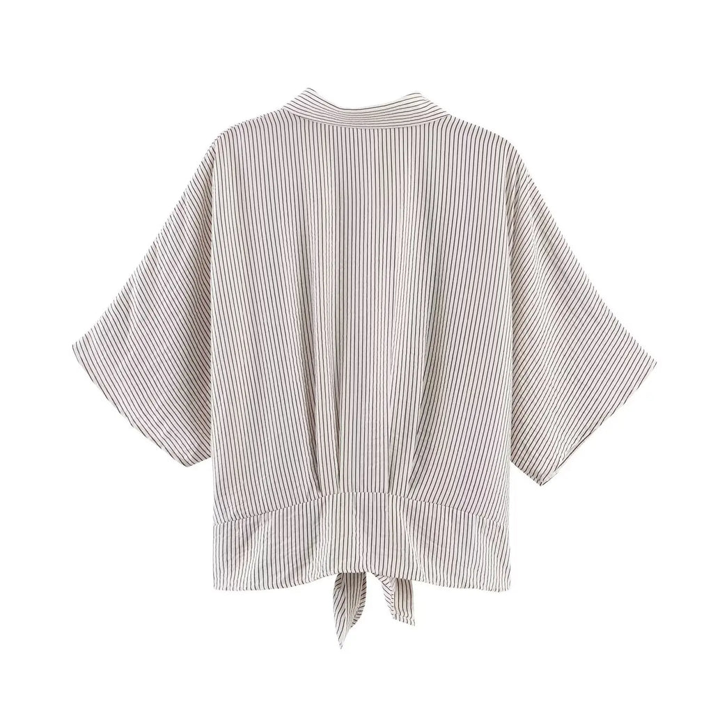Women's Fashion Short-Sleeve Shirt Black White Striped Front Shirt Short Sleeve Button Up Blouse For Women Casual Wear 884U