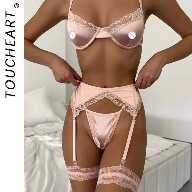 Toucheart 4PCS Patchwork Sexy Interesting Underwear Thong Set Slim Backless Lace Up Hollow Out  Floral Mesh Sexy Underwear Set