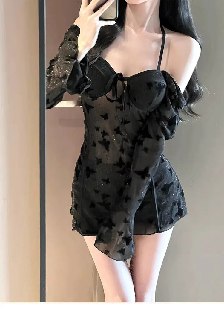 Hot spring swimsuit women's highend skirt style two-piece set sexy pure desire steel holder gathering slimming vacation swimsuit