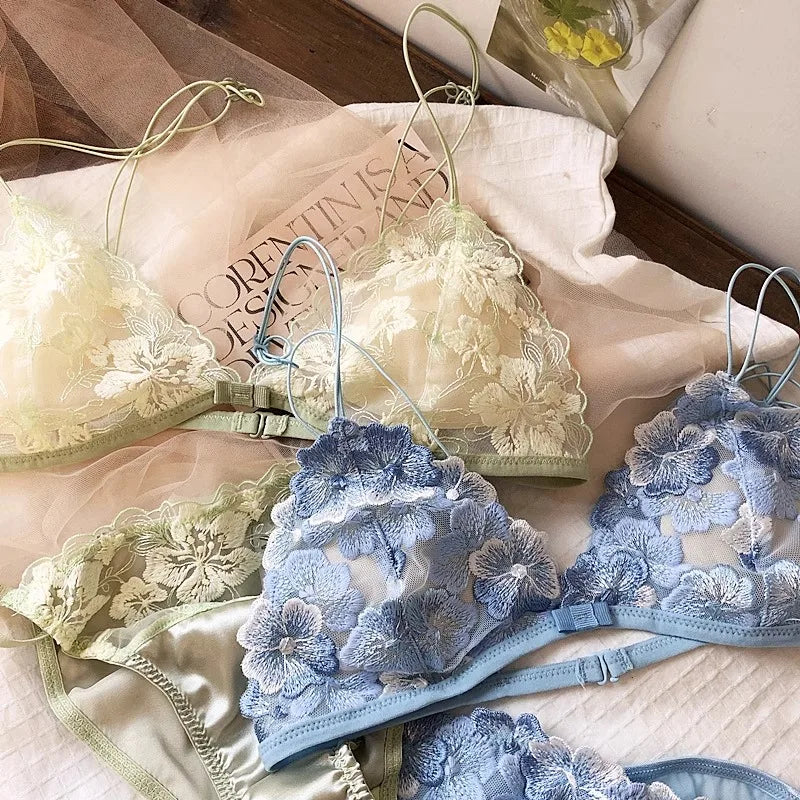 French Niche Lingerie Set Embroidered Mesh Triangle Cup Wireless Bralette Retro Thin Sexy Comfort Bra Australia MOYISU Sexy Bra
