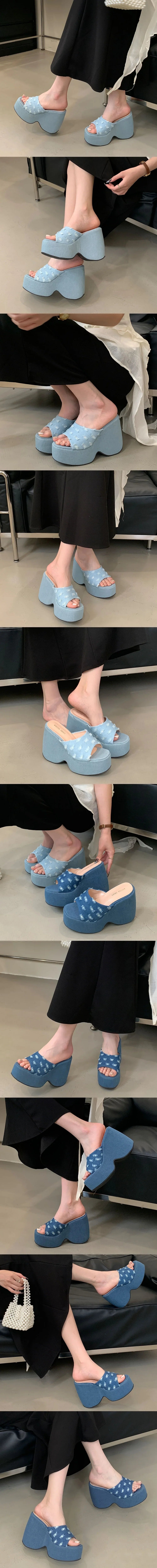 2025 Vintge Denim Blue Summer Chunky Platform Sandals Women Slides Chunky High Heels Wedges Shoes Mules Outdoor Slipper