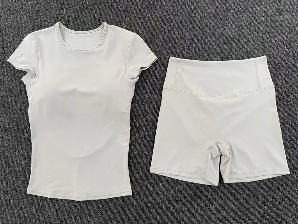 Tight Invisible Wrinkle Yoga Sets Women Short Sleeve O Neck Hollow Back Sports Tank Top Butt-Lifting Shorts Gym Fitness Suits