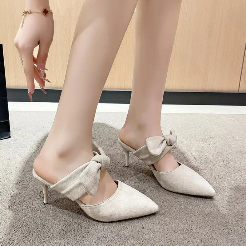 2026 New Arrival Pointed Toe Shallow Butterfly Knot Slingback Stiletto Sandals Summer Dress Party Wrapped Toe Shoes Casual Soft