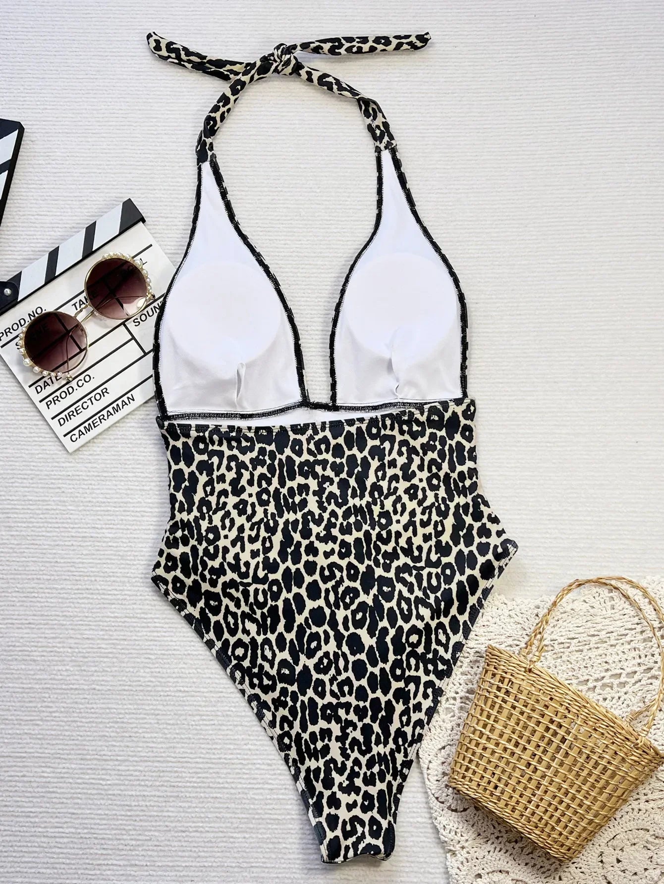 New Black Leopard Print One Piece Swimsuit Women Deep V Neck Slim Backless Bathing Suit Tummy Control Swimwear Monokini 2025