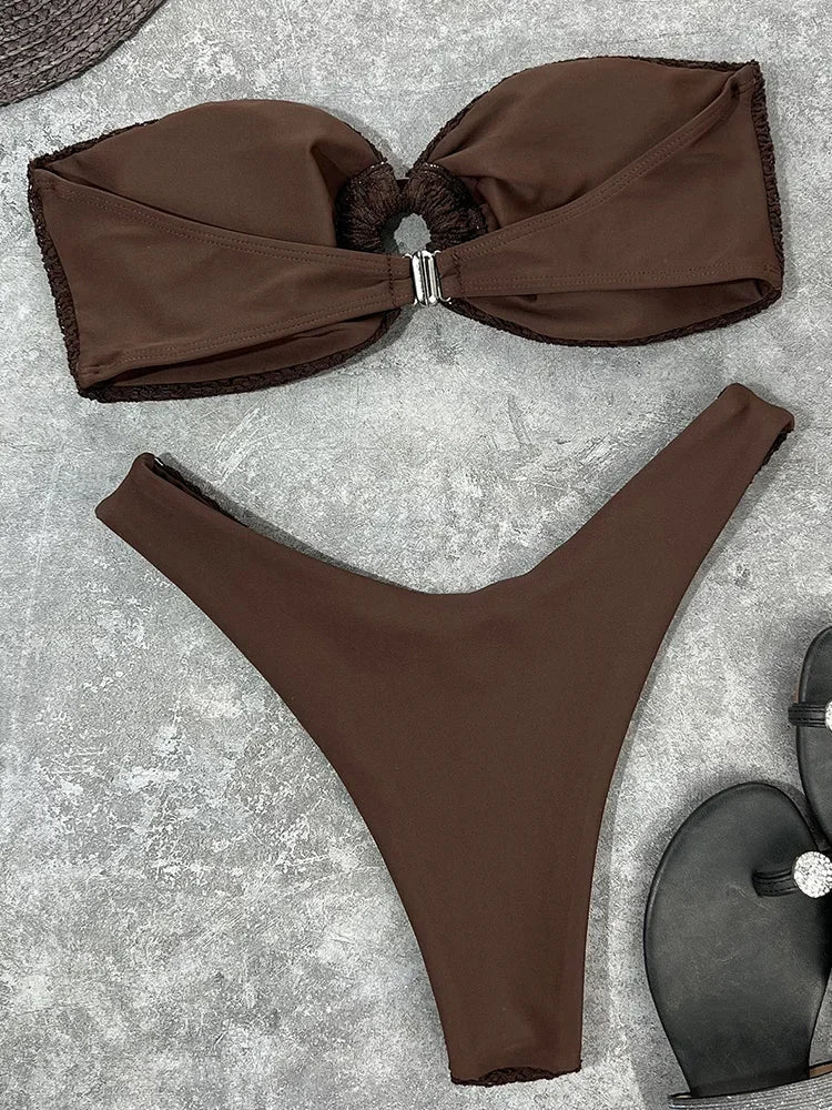 Wrinkled Fishnet Strapless Bandeau Bikini Women Swimsuit Female Swimwear Two-pieces Bikini set High Cut Bather Bathing Suit Swim