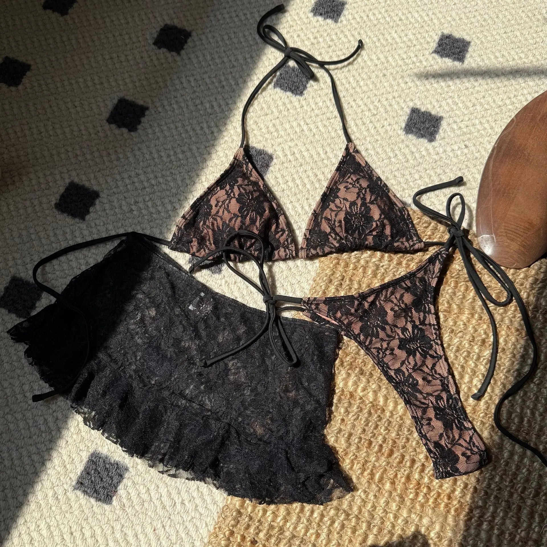 DEKA Micro Thong Bikini Set Sexy Lace Double-Layered 3 Pieces Swimsuit With Sexy Mesh Skirt Women Beach Swimwear