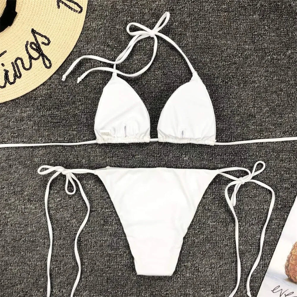 New Sexy Neon Pink Brazilian Bikini Women Swimwear Halter Swimsuit Female Two-Pieces Bikini Set Bather Bathing Suit Swim V1312