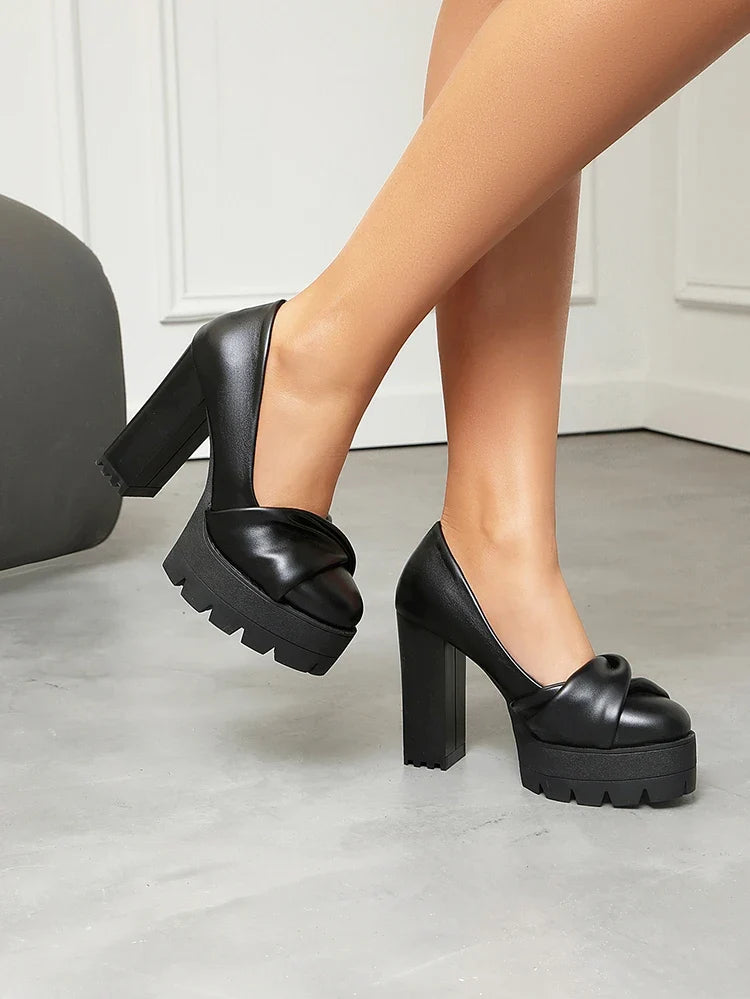 Plus Size Cross Soft PU Upper Platform Ultra Coarse Heel Shallow Breathable High Heels Office Women's Shoes