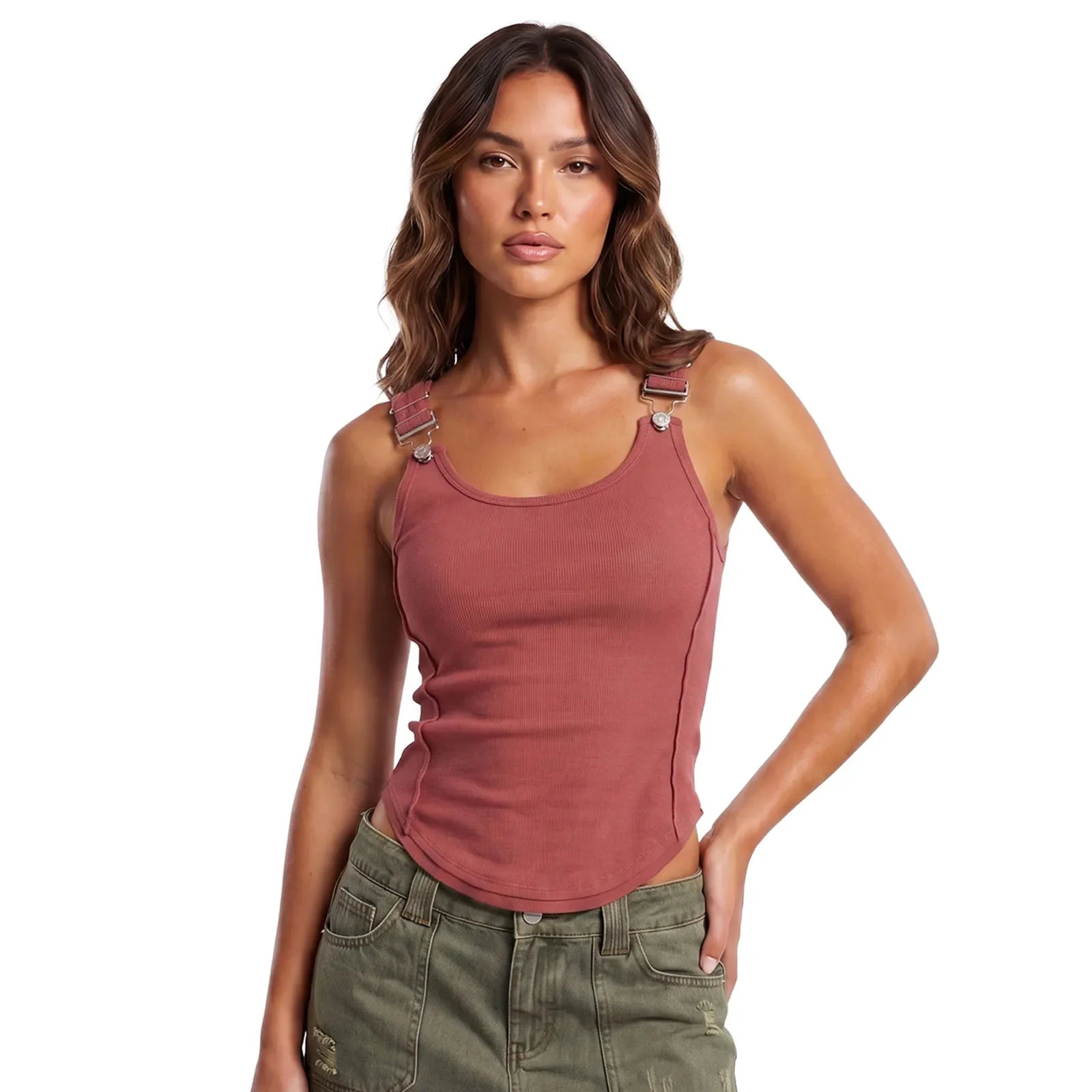 Women's Solid Color Ribbed Tank Tops Stylish Sleeveless Camisole with Metal Buckle Straps and Curved Hemline
