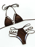 5 Colors Sexy Bikini Women Solid Hollow Swimwear Swimsuit Halter Bikinis Set Bathing Suit Beach Bikini Female Metal Ring Decor