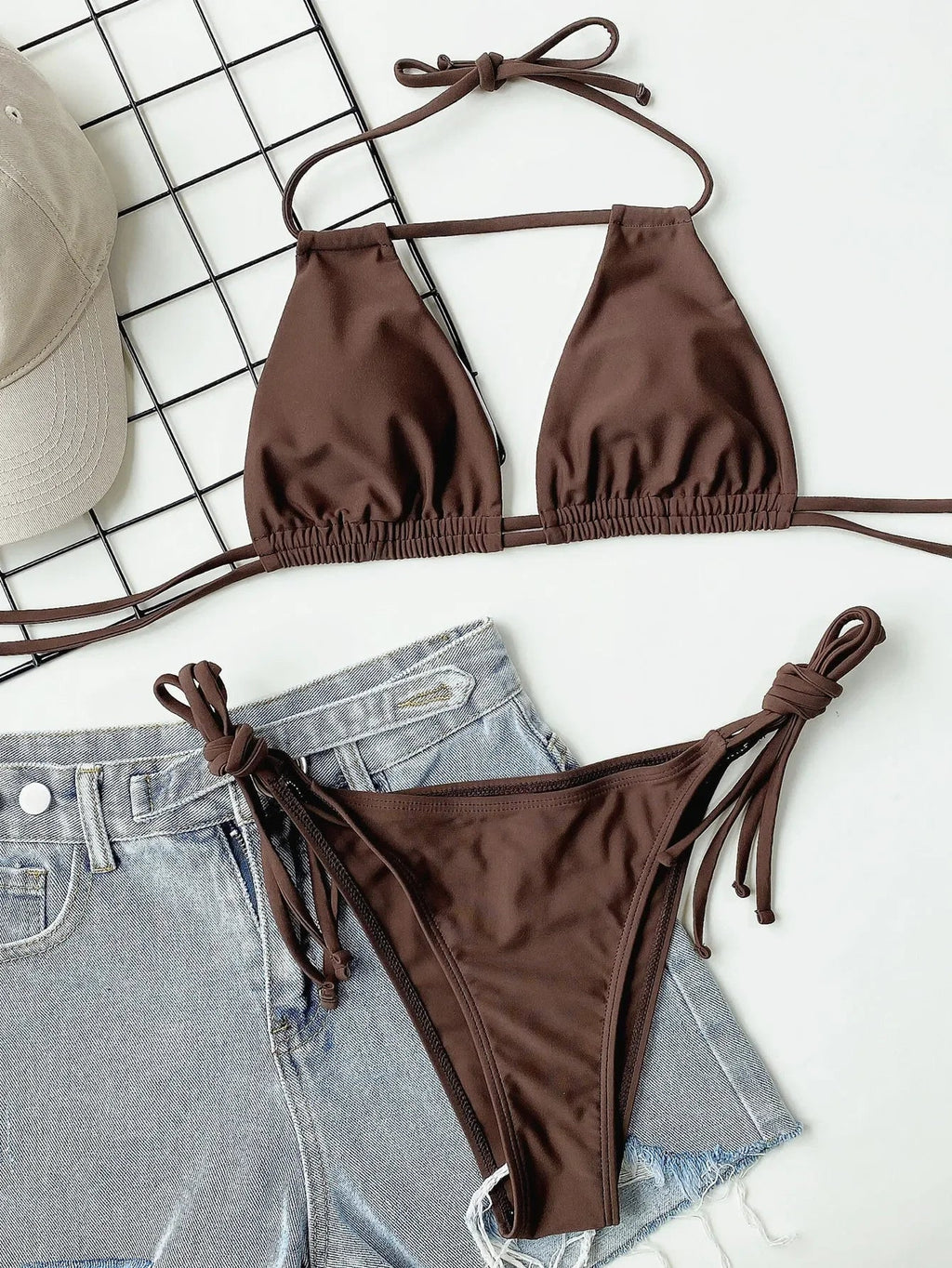 2026 Sexy Bikini Women Swimsuit Swimwear Brown Hollow Halter Double Ropes Bikinis Set Bathing Suit Beach Bikini Female Banadores