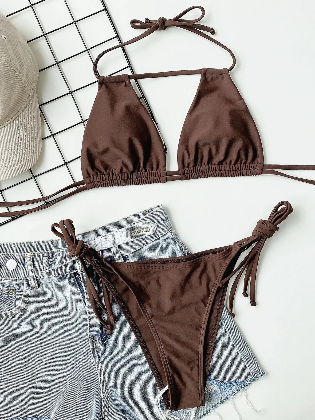 2026 Sexy Bikini Women Swimsuit Swimwear Brown Hollow Halter Double Ropes Bikinis Set Bathing Suit Beach Bikini Female Banadores