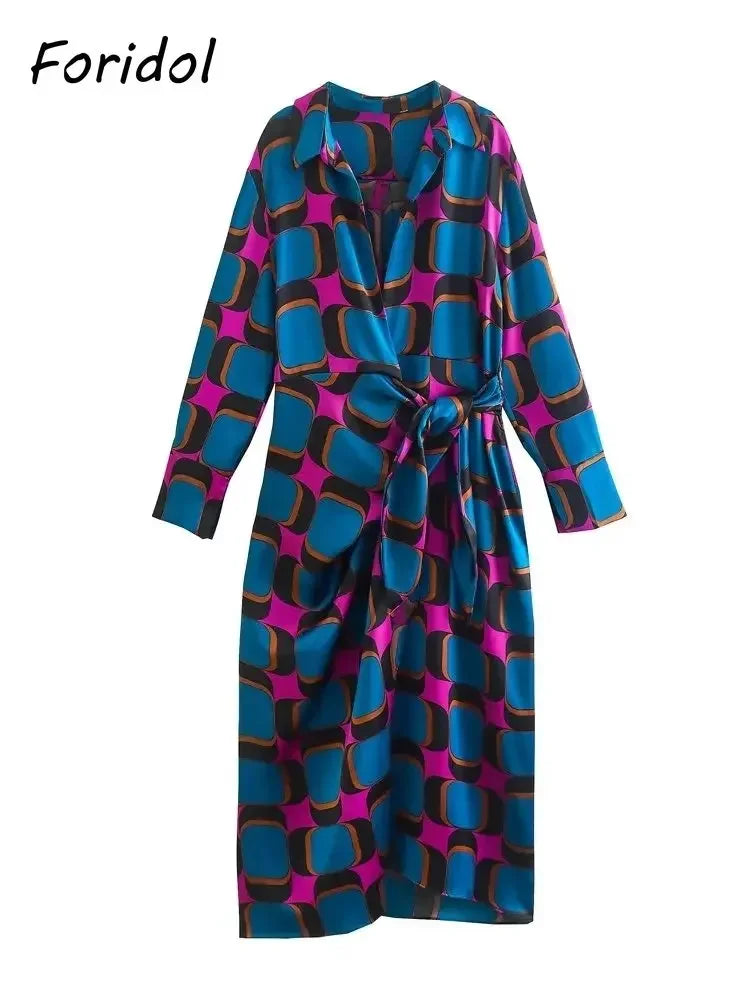 Foridol Side Split Women Fashion Geometric Print Blue New In Shirt Wrap Dress Women Long Sleeve Bowknot Maxi Long Vestido Robe