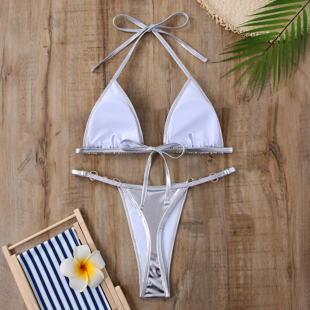 PU Leather Pearls Bikini Mini Micro Thong Bikinis Women Swimwear Female Swimsuit Two-piece Bikini Set Halter Bathing Suit Swim