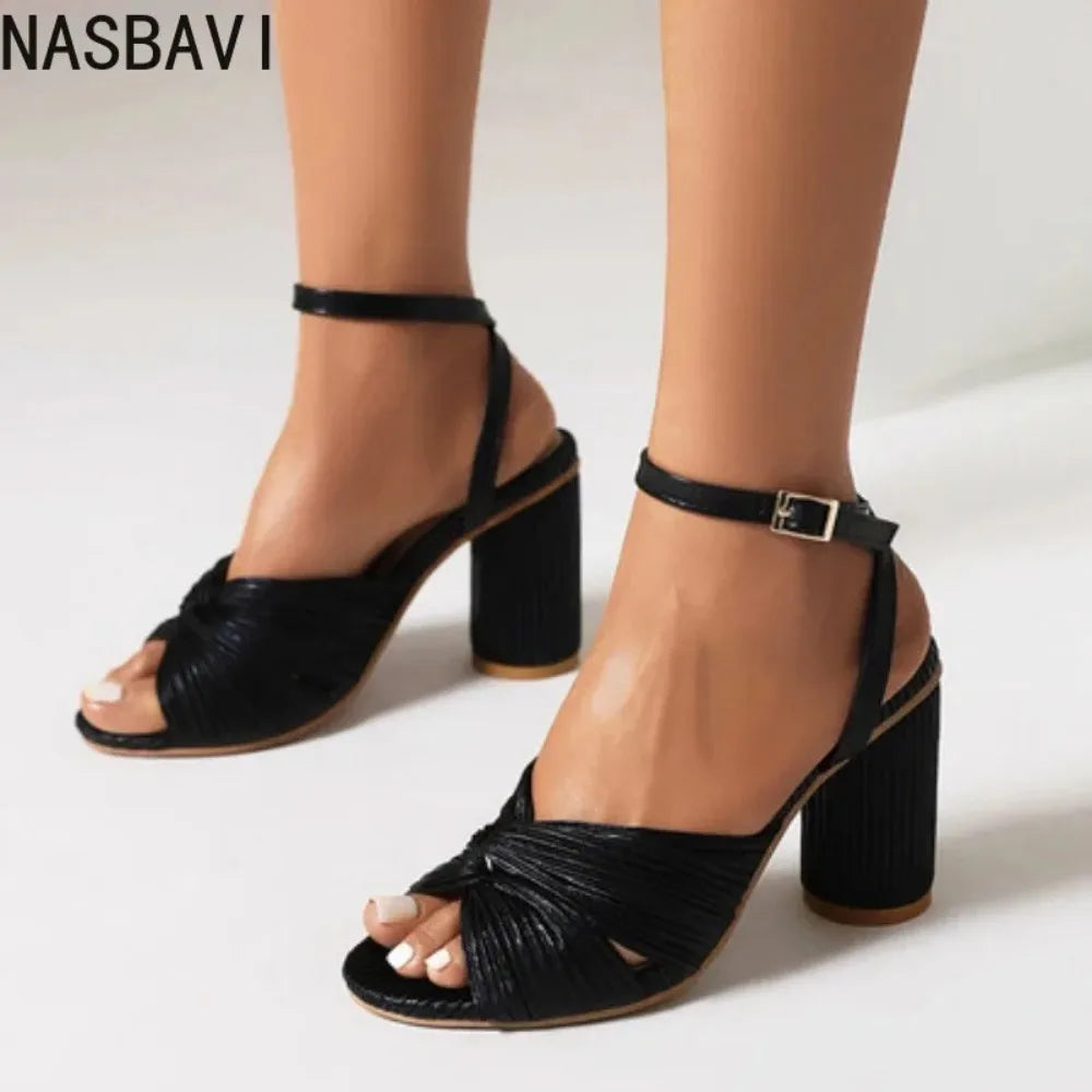 NASBAVI Straps Women's Sandals Summer Shoes Luxury Peep Toe Flip Flops Round High Heels Gold Party Dance Wedding Shoes Ladies