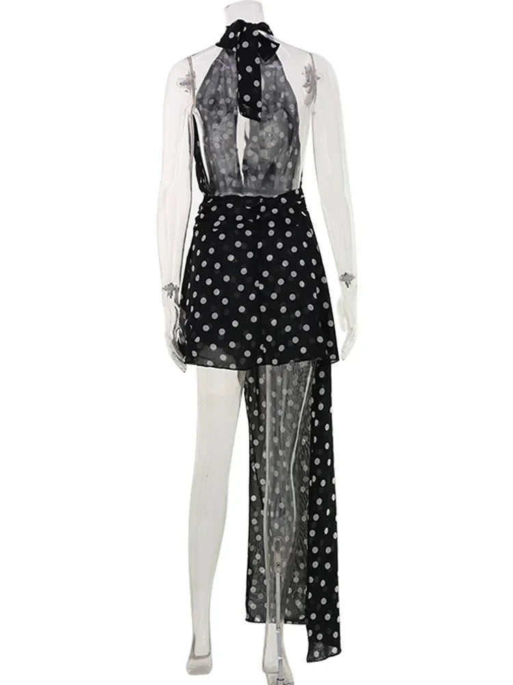 Ahagaga Fashion Maxi Dresses Women Sexy Halter Neck Hollow Out High Split Polka Dot Print Elegant Party Vacation Beach Vestidos