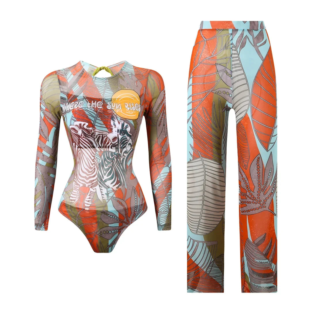 S - XXL New Printed Long Sleeve With Pants Women Swimwear One Piece Swimsuit Female Floral Padded Bather Bathing Suit Swim V7176