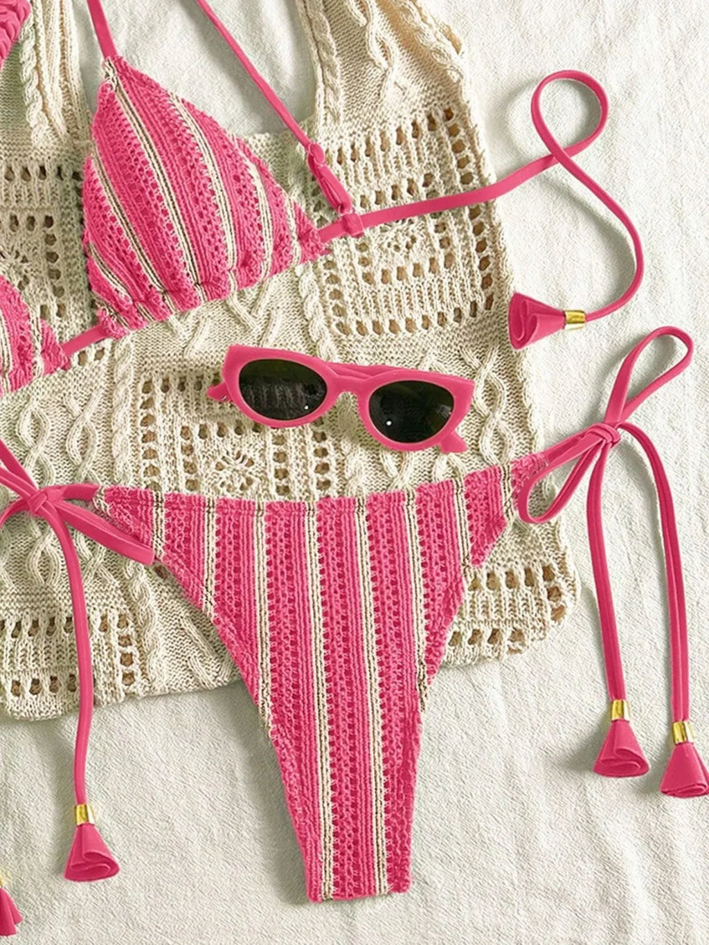 Sexy Orange Striped Bikini Set 2026 Women Halter Push Up Bra Tassel Bandage Thong Swimsuit Summer Holiday Bathing Suit Swimwear