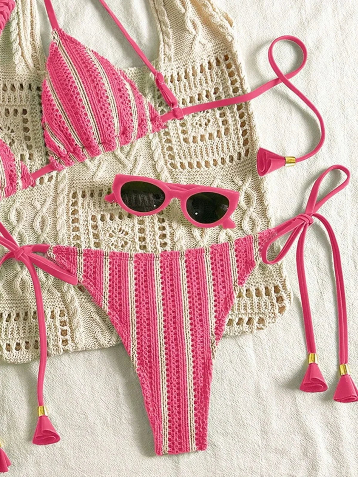 Sexy Orange Striped Bikini Set 2026 Women Halter Push Up Bra Tassel Bandage Thong Swimsuit Summer Holiday Bathing Suit Swimwear