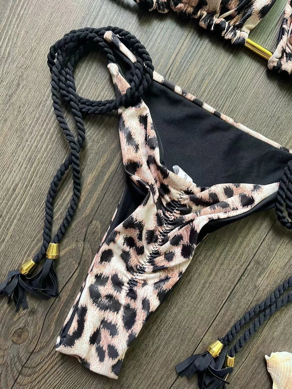 2026 Sexy Leopard Print Swimwear Women'S Split Bikini Set Woven Rope Strap Fringe Beach Women'S Two-Piece Swimsuit Bathing Suit
