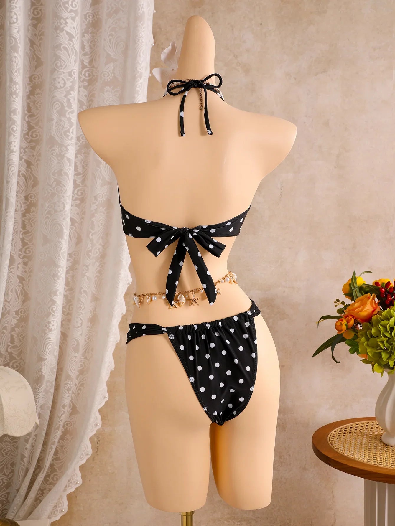 Polka Dots with Mesh Skirt Halter Shell Bikini Women Swimwear Female Swimsuit Three-pieces Bikini Set Bather Bathing Suit Swim
