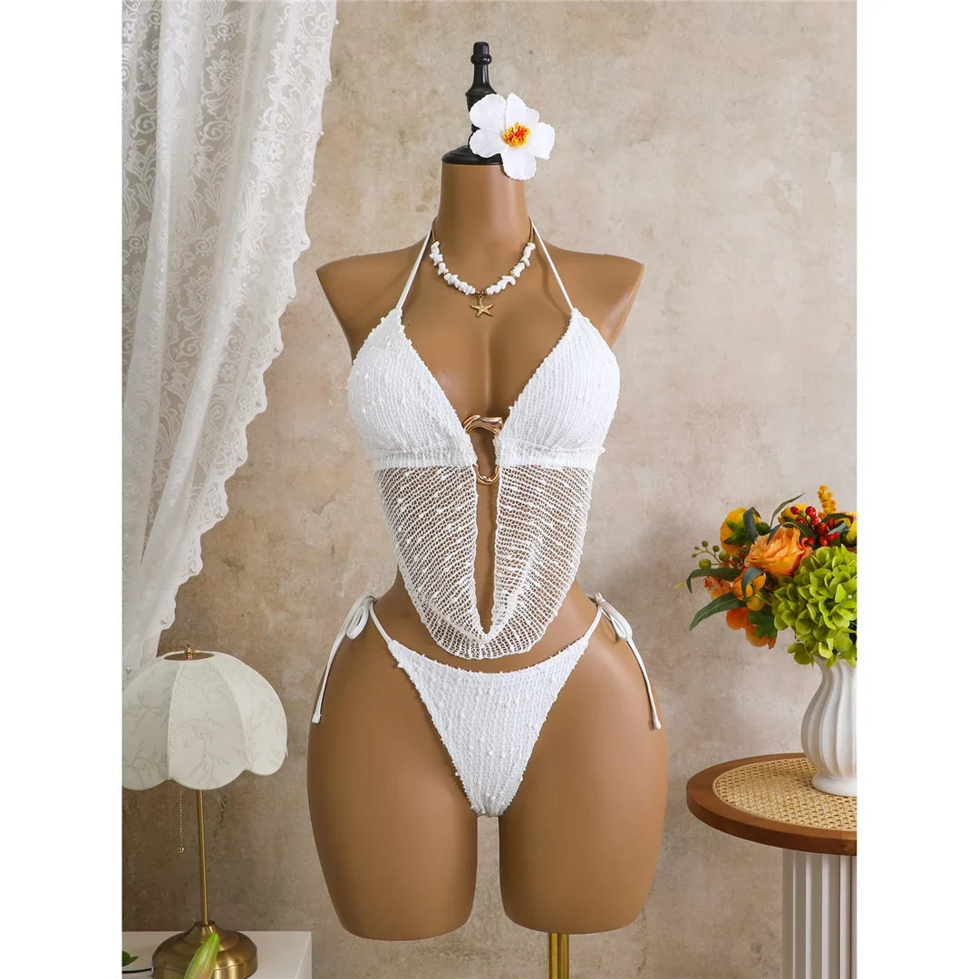New Hollow Out Tankini Halter Bikini Female Swimsuit Women Swimwear Two-pieces Bikini set Strappy Bather Bathing Suit Swim V8076