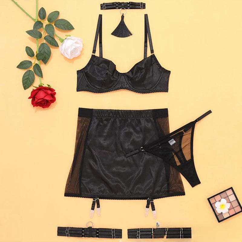 Toucheart Sexy Underwear Set Satin Spliced Mesh See-through Hip-covering Tassel Women's Solid Color 5-piece Sexy Lingerie Set