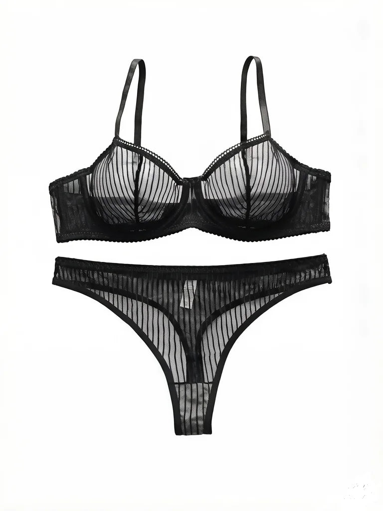 Women's transparent sexy lingerie set with striped lace and steel rims, push up bra paired with seamless thong set YS2864