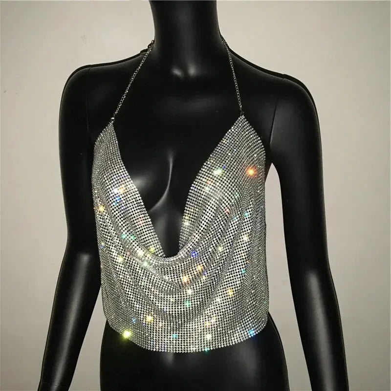 Festival Brilliant Rhinestone Backless Party Crop Top Women 2025 Summer Glitter Evening V Neck Diamonds Metal Tank Tops