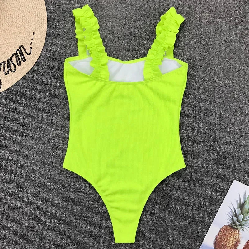 Ribbed Ruffled Frilled Trim Female Swimwear One Piece Swimsuit Women Monokini High Leg Cut Bathing Suit Swim Bodysuit Beach Wear